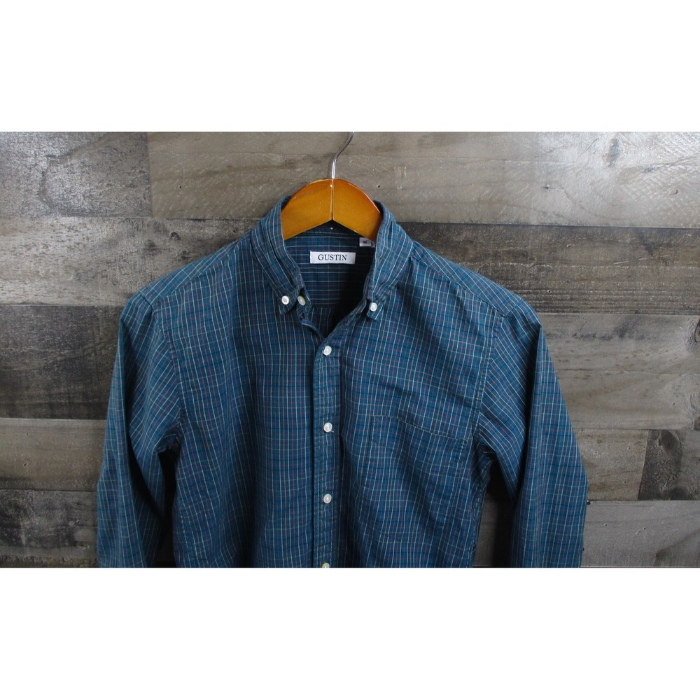 Gustin Shirt Mens XS Blue Plaid Button Down Long Sleeve Pocket Slim Fit Made USA